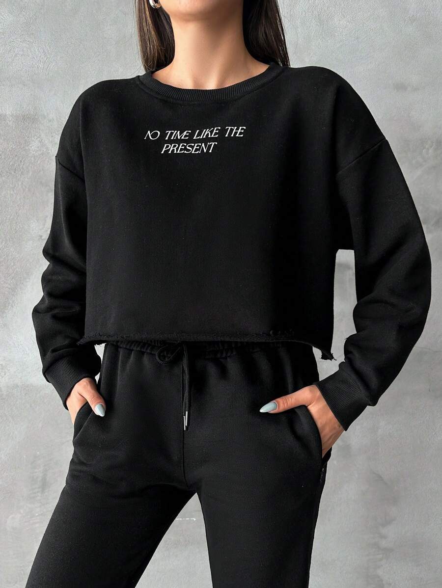 EURMUSE Letter Graphic Drop Shoulder Sweatshirt - Black - View 1