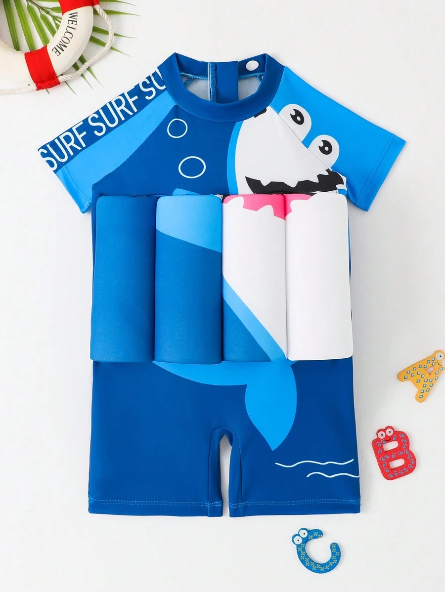 Baby Boy Cartoon Graphic Raglan Sleeve One Piece Swimsuit - Blue - View 1