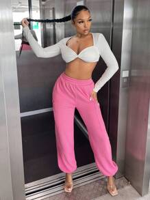 SHEIN SXY Solid Elastic Waist Sweatpants - Pink - View 5