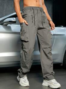 Hombres Pantalones calle con bolsillo con cremallera lado de cintura con cordón con diseño fruncido cargo otoño - Gris - Ver 4