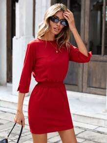 RueChic Solid Elastic Waist Fitted Dress - Red - View 1