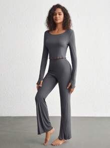 Ocili 舒適Viscose純色萵苣拇指孔短上衣和喇叭褲女士睡眠套裝-深灰色 - 深灰色 - 查看 5