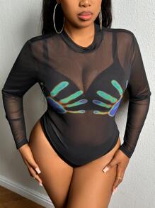 Slaydiva 大碼手掌圖案網紗連身背心不附帶內衣褲套裝 - 黑色 - 查看 3