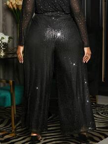 SHEIN CURVE+ Plus Sequin Wide Leg Pants - Black - View 3