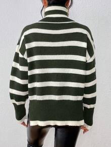SHEIN Essnce 條紋圖案高領落肩袖套頭毛衣 - 薄荷綠 - 查看 2