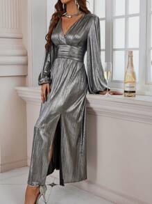 SHEIN Clasi Đầm Maxi Kim Loại Cổ Tròn Tay Phồng Xẻ Đùi Kim Loại Trang Phục Nữ - Bạc - Xem 6