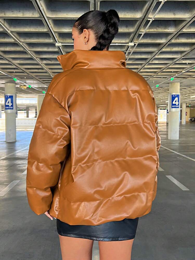 Brown Glossy Leather Women's Padded Coat For Parties, Winter Wear