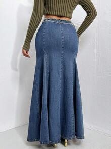 SHEIN SXY 高腰魚尾裙下擺牛仔半身裙 - 深色水洗藍 - 查看 2