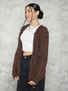 1pc Teen Girl Cable Knit Drop Shoulder Hooded Cardigan - Brown - View 6
