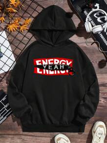 青少年男孩字母图案落肩卫衣 - 黑色 - 查看 1