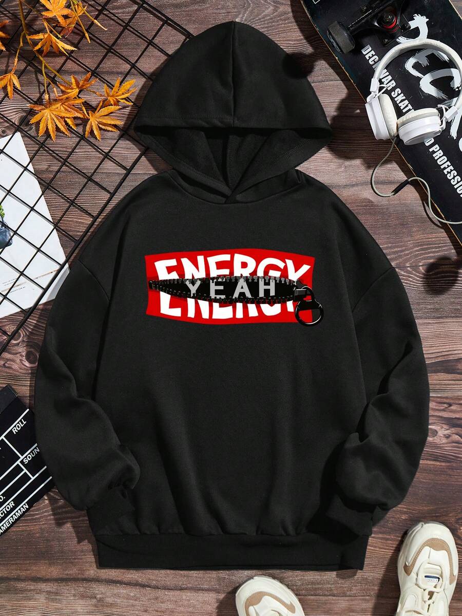 青少年男孩字母图案落肩卫衣 - 黑色 - 查看 1