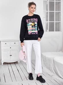 SHEIN EZwear Pullover con estampado de letra y dibujos animados de hombros caídos - Negro - Ver 6
