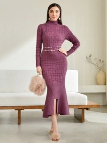 Modelyn Turtleneck Split Hem Sweater Dress Without Belt - Lilac Purple - View 4