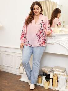 SHEIN Franclia Hơn In hoa Đường viền cổ có rãnh Tay áo lồng đèn Áo sơ mi - Nhiều màu - Xem 6