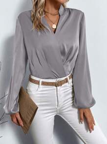 SHEIN Clasi Notched Neckline Lantern Sleeve Blouse