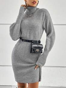 SHEIN Essnce Áo cao cổ Thả vai Đầm Áo len Không có túi thắt lưng - Xám - Xem 7