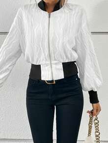 SHEIN Essnce Contrast Trim Drop Shoulder Bomber Jacket - Black and White - View 3