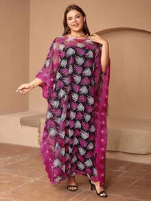 Plus Allover Print Batwing Sleeve Dress - Hot Pink - View 3