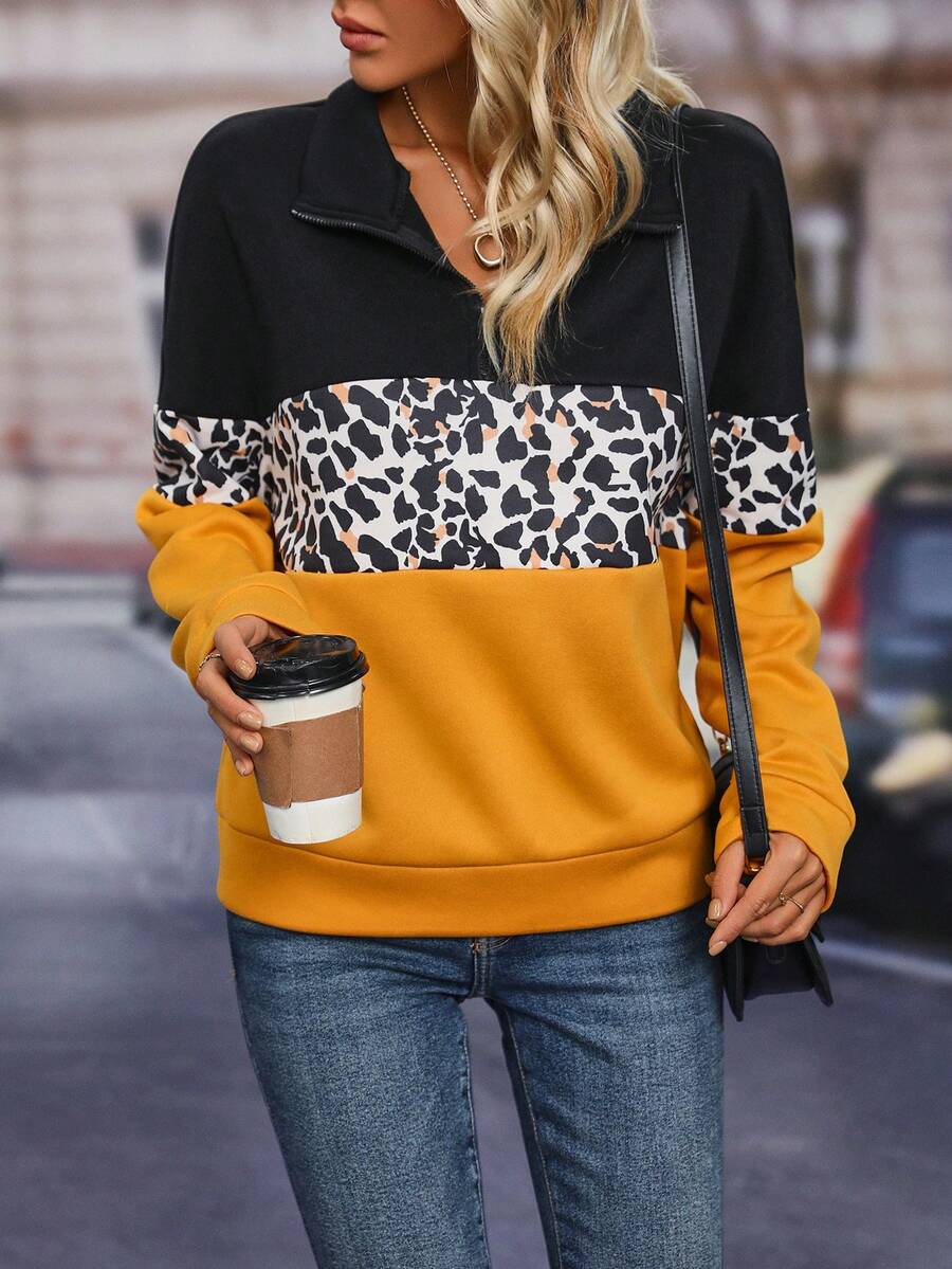 EMERY ROSE 豹紋印花撞色半拉鏈運動衫 - 彩色 - 查看 1