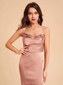 SHEIN Belle Draped Collar Split Back Satin Cami Dress Elegant Cocktail Semi Formal Prom Wedding Guest Dress, For Birthday, Graduation, Dinner, Homecoming Party Dress