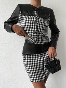 EURMUSE Houndstooth Print Contrast PU Jacket & Skirt - Black and White - View 4