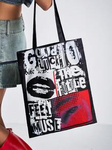 SHEIN ICON Fashionable Black Shoulder Bag With Letter Print For Storage - Black - View 8