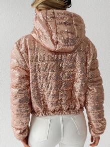 EURMUSE Zip Up Hooded Sequin Puffer Coat - Pink - View 2