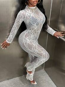 Slaydiva 花卉蕾絲彈力緊身連體褲不附內衣 - 白色 - 查看 3