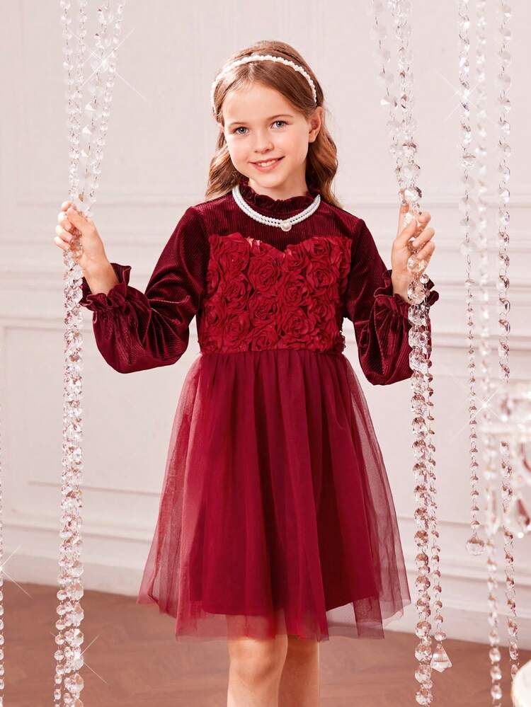 Girls' Woven Solid Color Stand Collar Mesh Net Dress