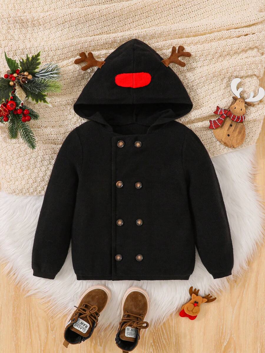 SHEIN Young Boy 3D Ear Design Double Breasted Hooded Cardigan - Black - View 1