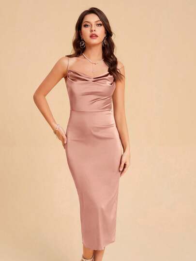SHEIN Belle Draped Collar Split Back Satin Cami Dress Elegant Cocktail Semi Formal Prom Wedding Guest Dress, For Birthday, Graduation, Dinner, Homecoming Party Dress