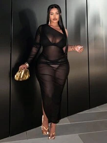 Slaydiva Vestido ajustado sexy de talla grande hecho de tela de punto elástica de malla transparente, con un solo hombro y pliegues