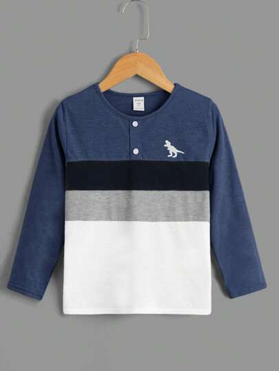SHEIN Young Boy Casual Comfortable Colorblock Dinosaur Print Button Design Long Sleeve T-Shirt