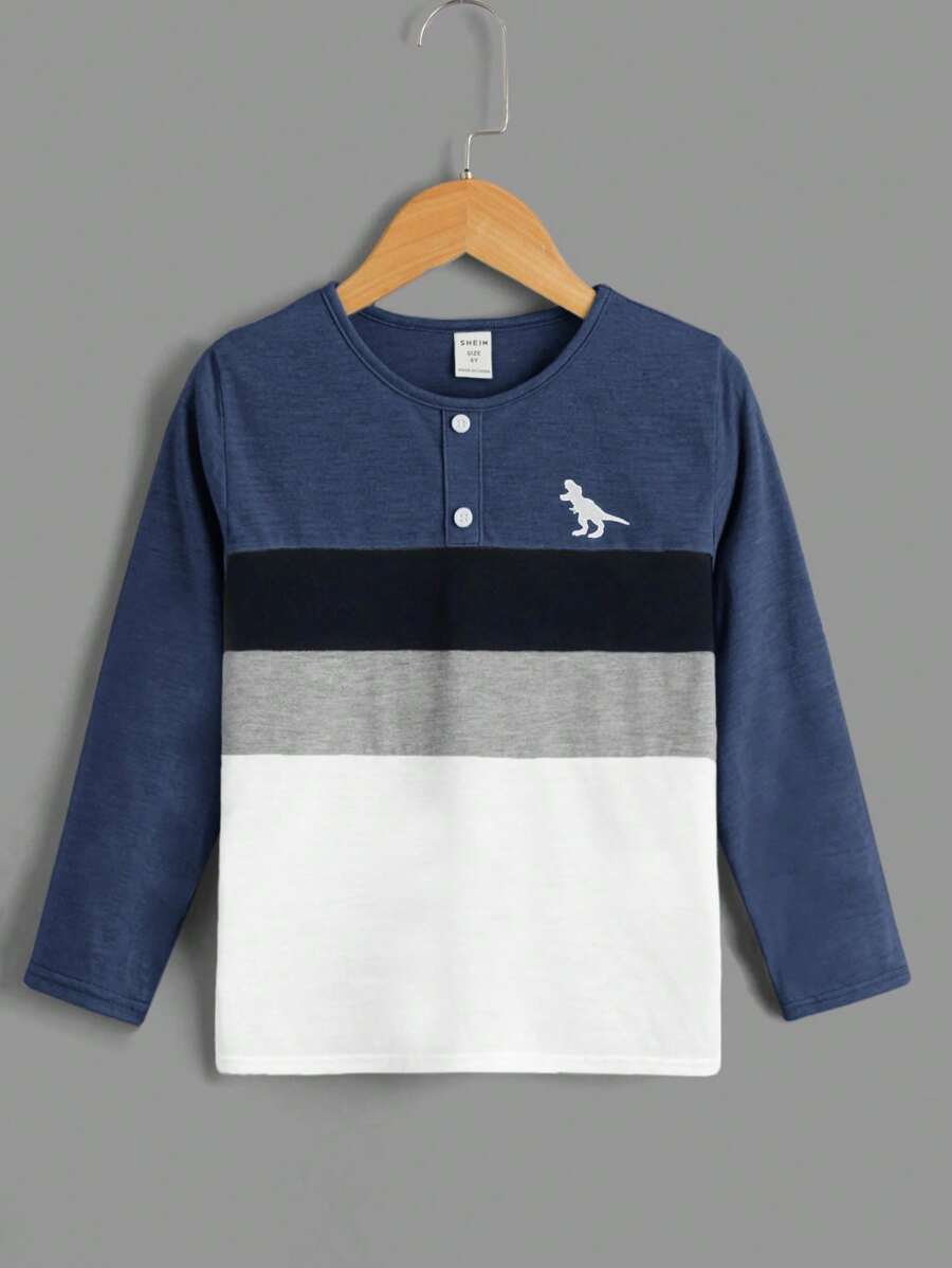 SHEIN Young Boy Casual Comfortable Colorblock Dinosaur Print Button Design Long Sleeve T-Shirt - Multicolor - View 1