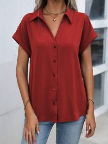 EMERY ROSE Solid Batwing Sleeve Button Front Shirt For New Year Clothes,Short Sleeve Tops - Red - View 5
