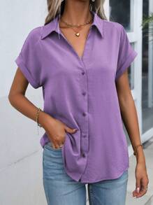 Wandoria Camisa unicolor de manga murciélago con botón delantero - Morado - Ver 5