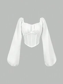 SHEIN Unity Áo crop top tay đèn lồng nhún ngực thanh lịch dành cho nữ, màu trơn đơn giản, cổ tim, áo cánh đi làm thường ngày - trắng - Xem 1