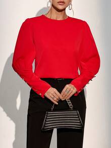 SHEIN Clasi Nút Quay lại Tay áo Áo sơ mi - Đỏ - Xem 6