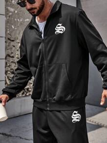 Manfinity Homme Men Plus Letter Graphic Zip Up Jacket & Sweatpants - Black - View 5