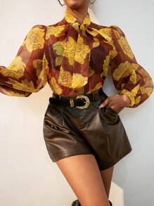 SHEIN Clasi In hoa Cà vạt Tay áo lồng đèn Đàn organza Áo sơ mi - Nhiều màu - Xem 5