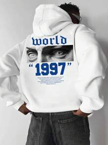 Men Slogan Graphic Drop Shoulder Drawstring Hoodie - White - View 1