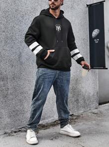 Manfinity Homme Men Plus Letter Graphic Kangaroo Pocket Drawstring Hooded Sweatshirt - Black - View 6