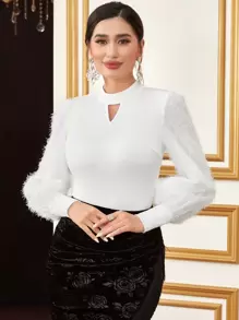 Modelyn Keyhole Neck Fuzzy Lantern Sleeve Top - White - View 4