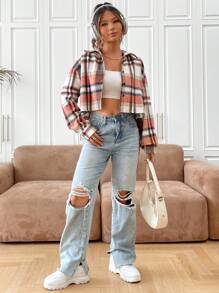 SHEIN EZwear 格紋印花落肩袖短款襯衫 - 彩色 - 查看 5
