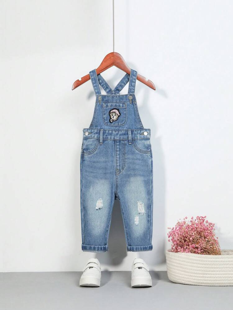 Baby Boy 1pc Bear Patched Detail Ripped Denim Overalls