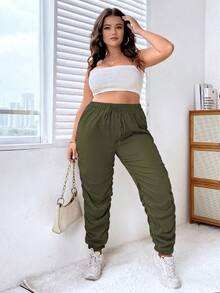 Flirla 大碼腰部抽繩褶邊長褲 - 軍綠色 - 查看 7