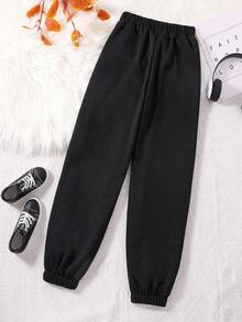 SHEIN Cô gái Tween Đồ họa Chữ cái Eo đàn hồi Quần thể thao - màu đen - Xem 2