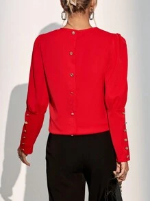 SHEIN Clasi Nút Quay lại Tay áo Áo sơ mi - Đỏ - Xem 1