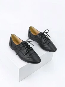 Women's Lace-up Flat Shoes - Black - View 1