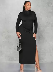 SHEIN BAE 大碼煙囪領高衩洋裝 - 黑色 - 查看 1